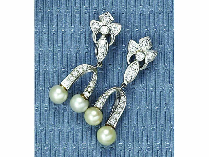 Appraisal: DIAMOND AND PEARL EARRINGS k white gold dangling pierced earrings