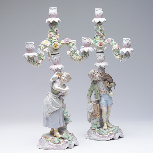 Appraisal: Meissen-style pair of th c figural candelabra one male and