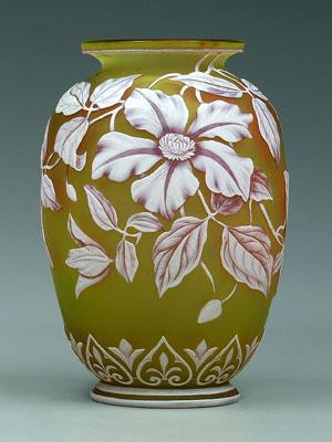 Appraisal: Tricolor cameo glass vase white and rose floral decoration on