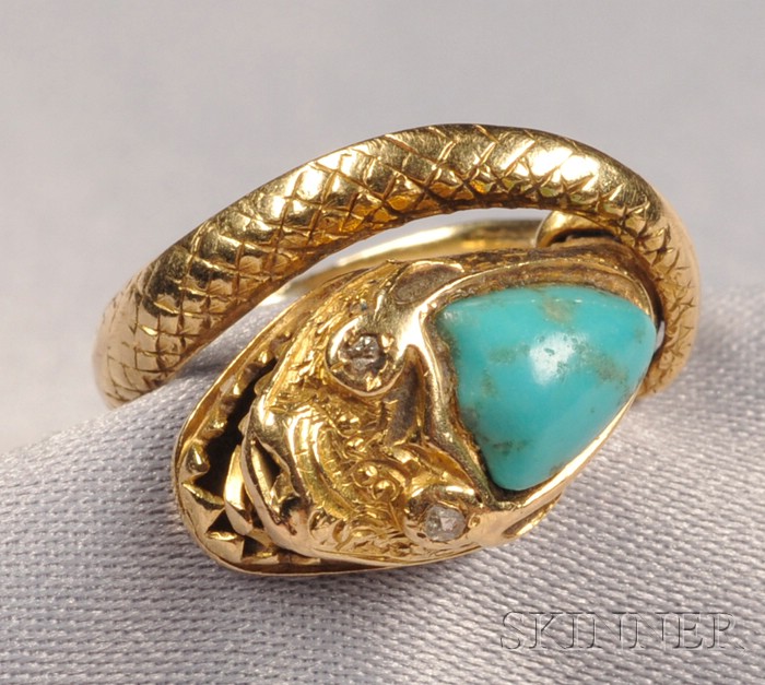 Appraisal: Antique Turquoise and Diamond Snake Ring the engraved serpent with