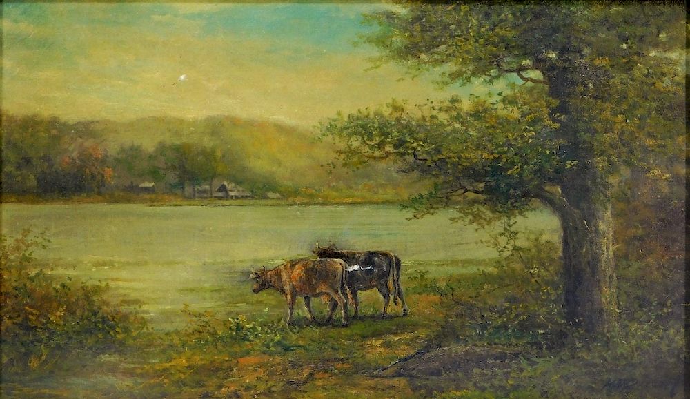 Appraisal: Henry A Duessel Panoramic Cow Landscape Painting Henry A Duessel