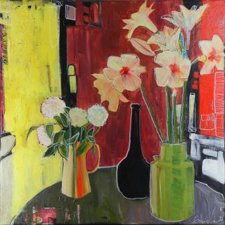 Appraisal: Painting Modernist Still Life with Flowers in Vases Modernist Still