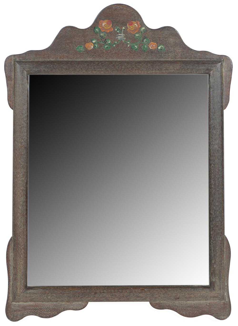 Appraisal: MONTEREY WALL MIRRORwalnut with hand-painted floral surmount horseshoe brand verso