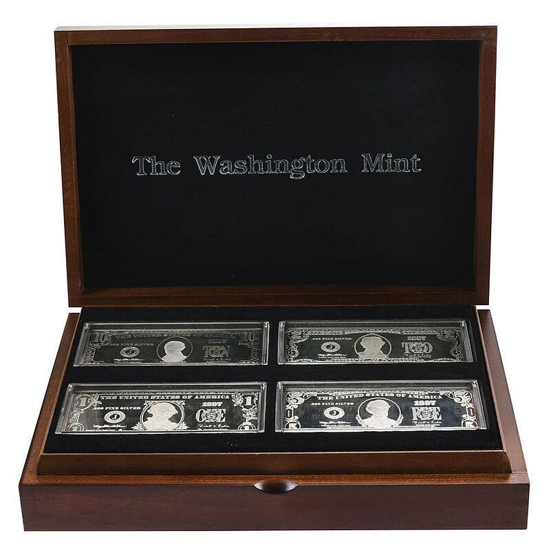 Appraisal: Six Silver Currency Bars in Wooden Box by Washington Mint