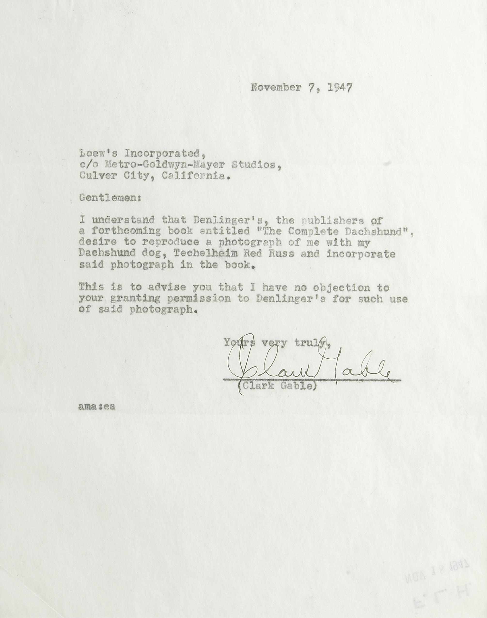 Appraisal: GABLE CLARK Typed Document Signed ''Clark Gable'' p to Culver