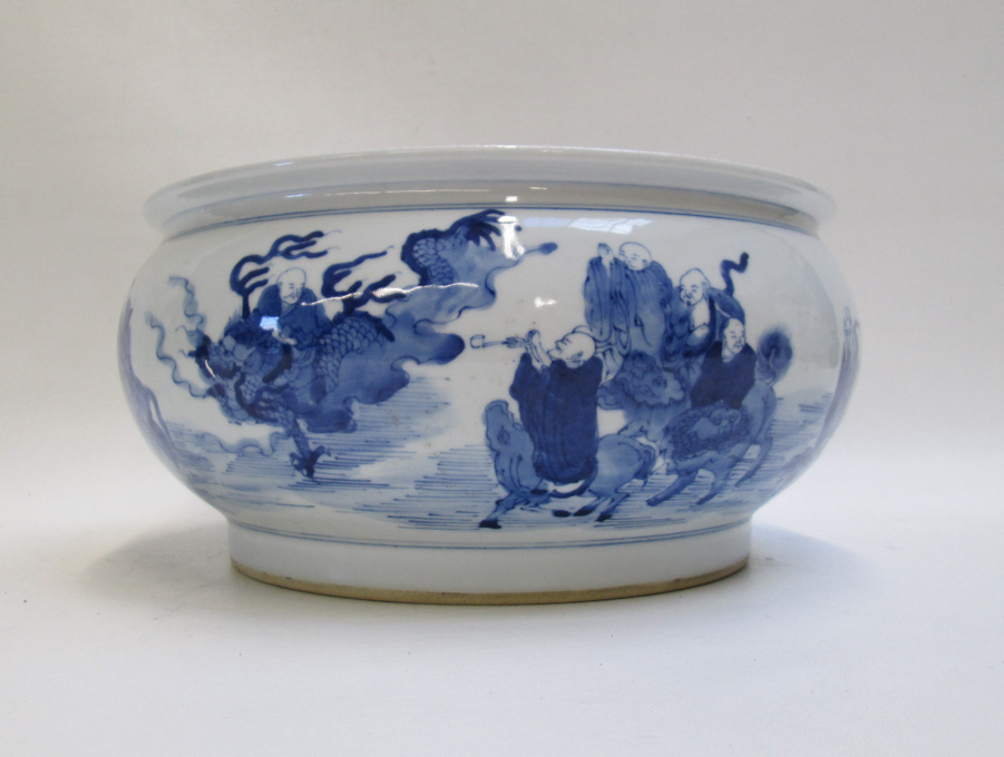 Appraisal: CHINESE BLUE AND WHITE 'LUOHAN' PORCELAIN CENSER a round bowl-form