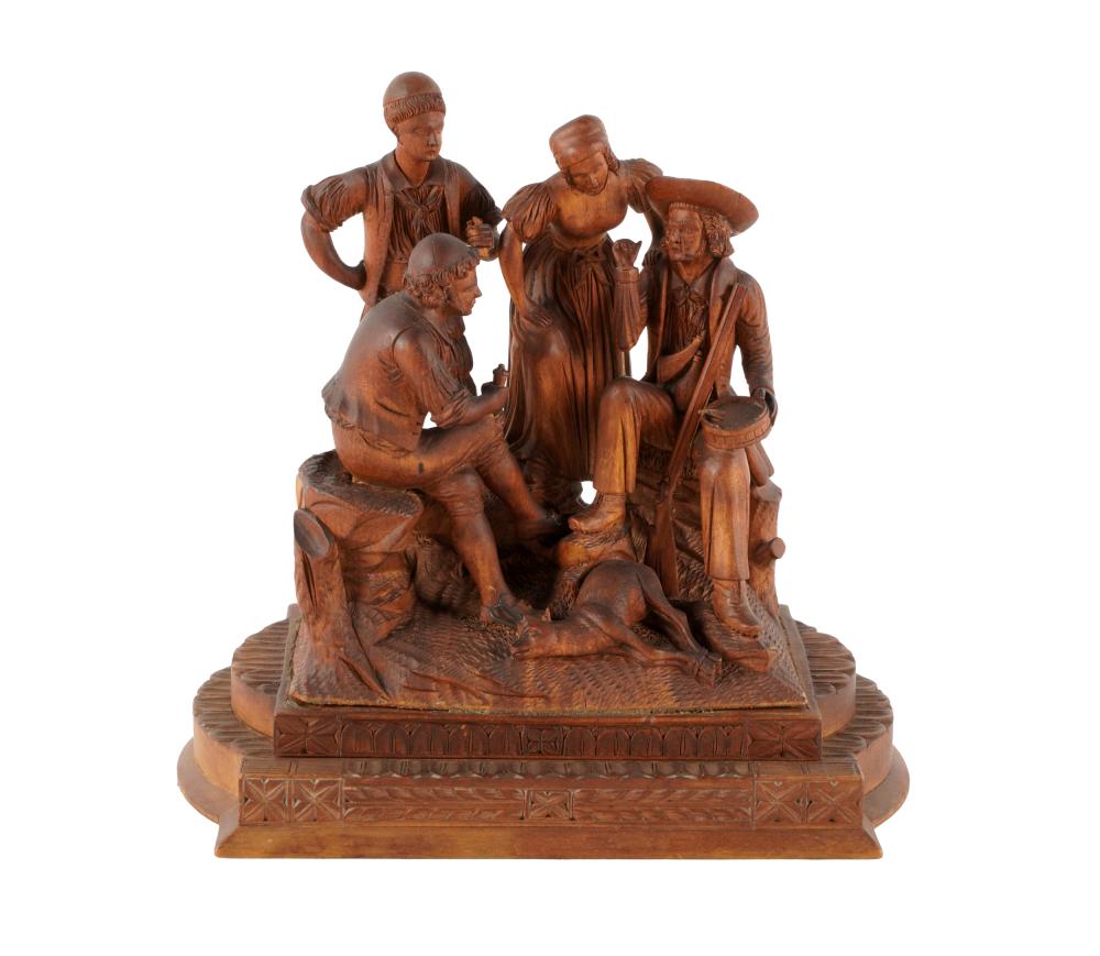 Appraisal: SWISS CARVED WOOD FIGURAL GROUPunsigned depicting four figures and a