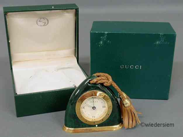 Appraisal: Gucci malachite cased Swiss travel alarm clock with leather tassel