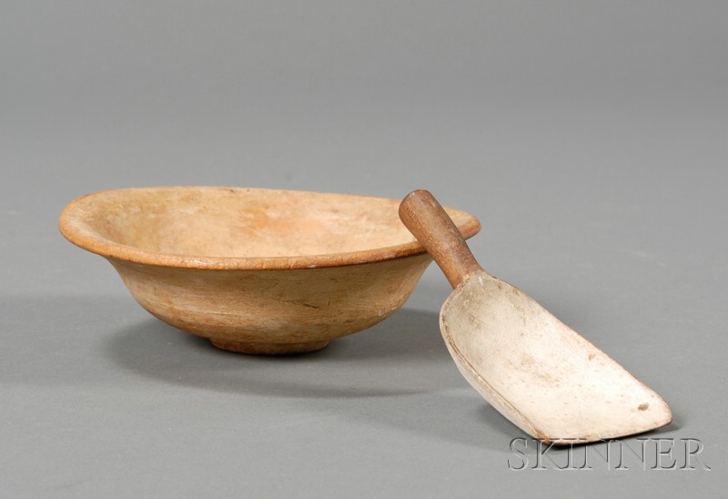 Appraisal: Small Turned Wooden Bowl and a Carved White-painted Scoop America