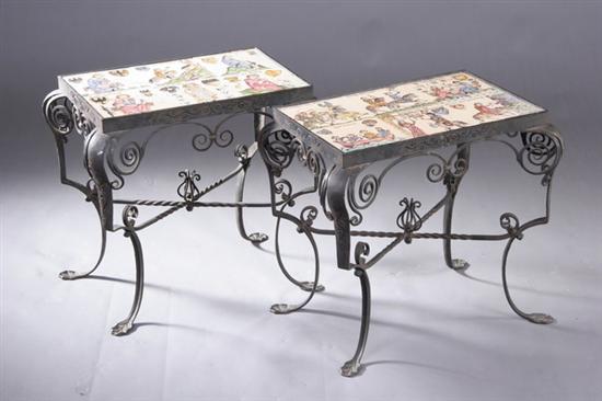 Appraisal: PAIR CONTINENTAL WROUGHT-IRON GARDEN TABLES th century Each rectangular top