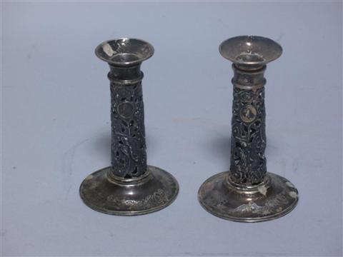 Appraisal: PAIR OF CHINESE EXPORT SILVER CANDLESTICKS Each columnar stick of