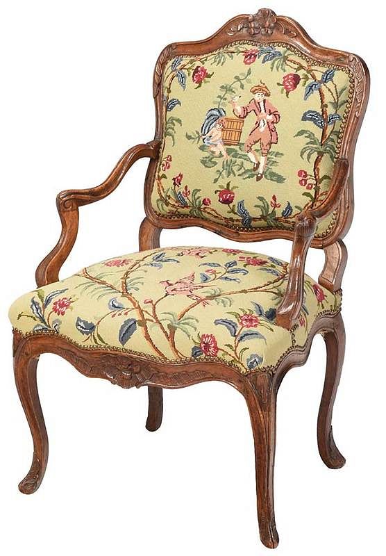 Appraisal: Provencal Louis XV Upholstered Armchair French th century carved beech