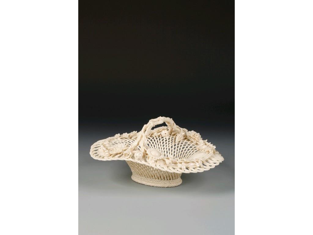 Appraisal: A TH CENTURY BELLEEK CREAMWARE BASKET the open lattice and