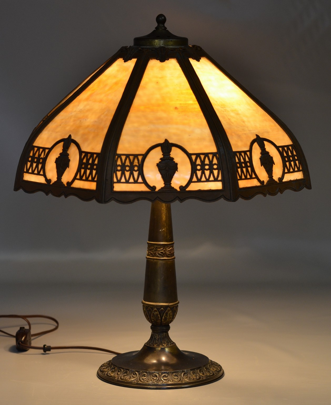 Appraisal: panel caramel slag glass table lamp with patinated white metal