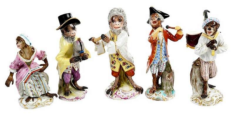 Appraisal: Five Meissen Porcelain Monkey Orchestra Figures German late th early