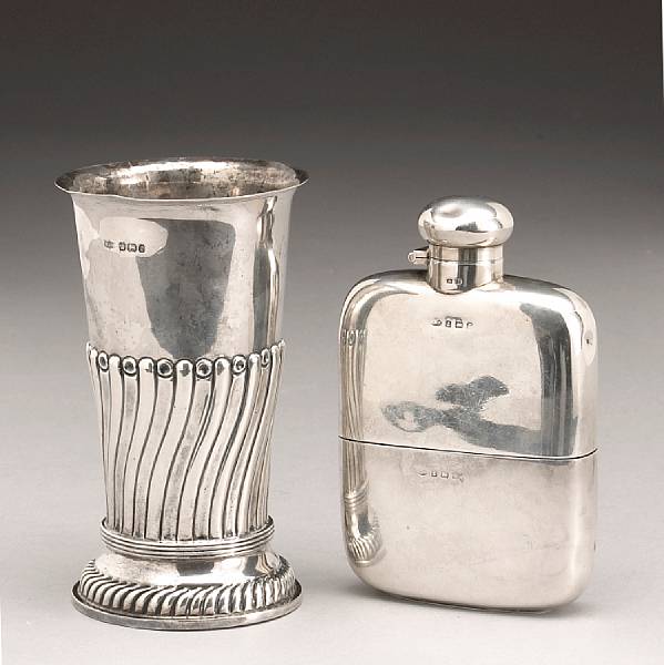 Appraisal: An English silver group flask and beaker Comprising gent's flask