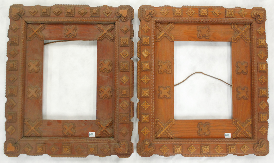 Appraisal: PAIR OF TRAMP ART FRAMES with matching designs and having