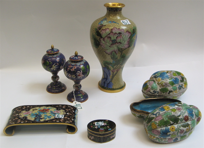 Appraisal: GROUP OF SEVEN CHINESE CLOISONNE OBJECTS pair of insect-form boxes