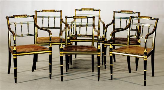 Appraisal: Regency style parcel-gilt black lacquer armchairs late th century toprail