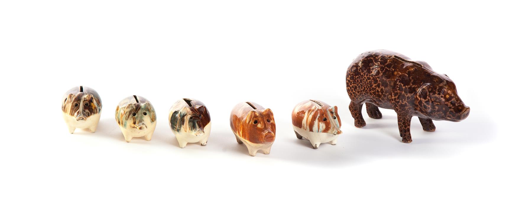 Appraisal: SIX AUSTRIAN PIGGY BANKS Twentieth century Pottery pigs Five similar