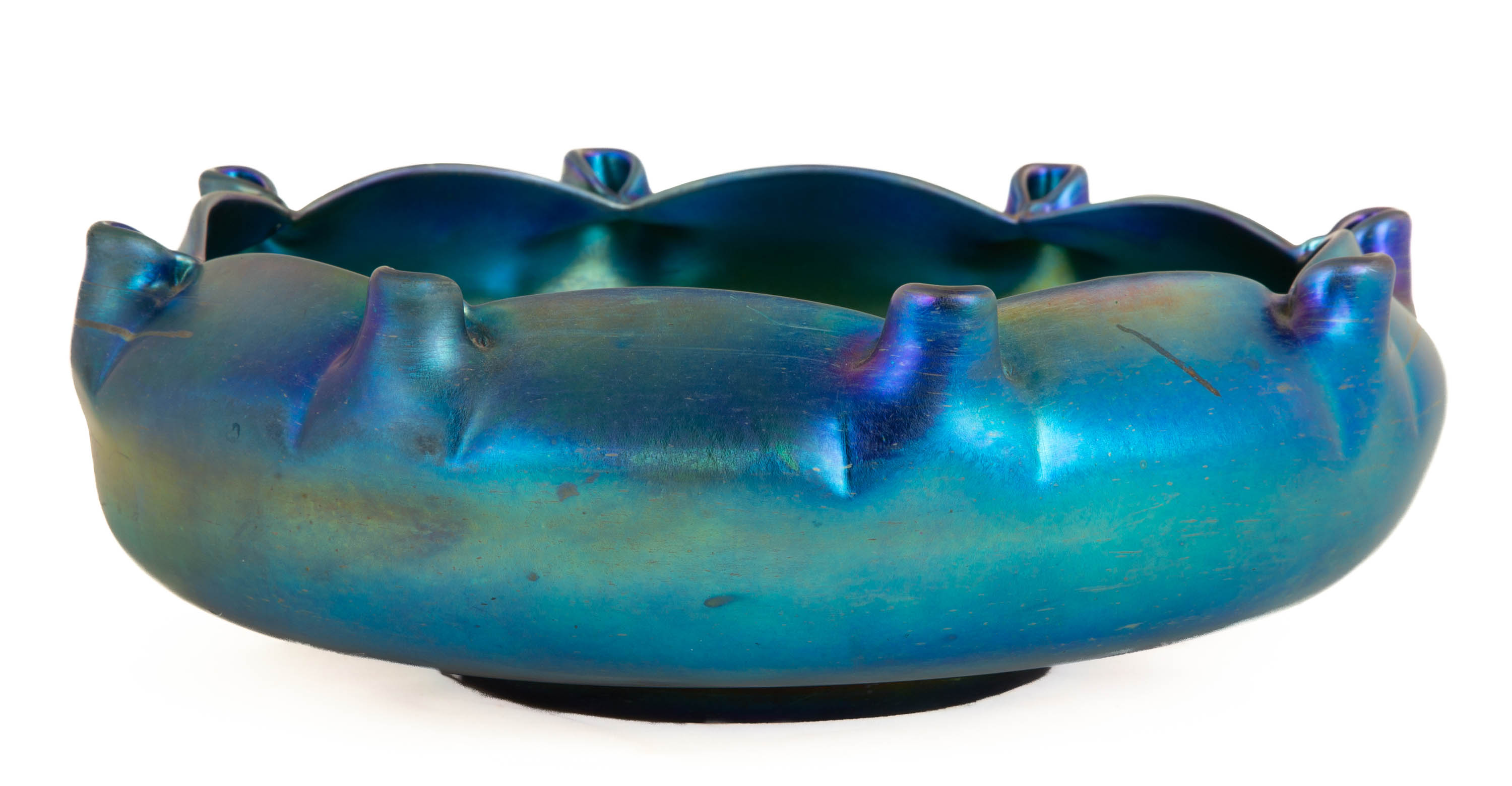 Appraisal: STEUBEN BLUE AURENE CENTER BOWL WITH PINCHED EDGES Corning NY