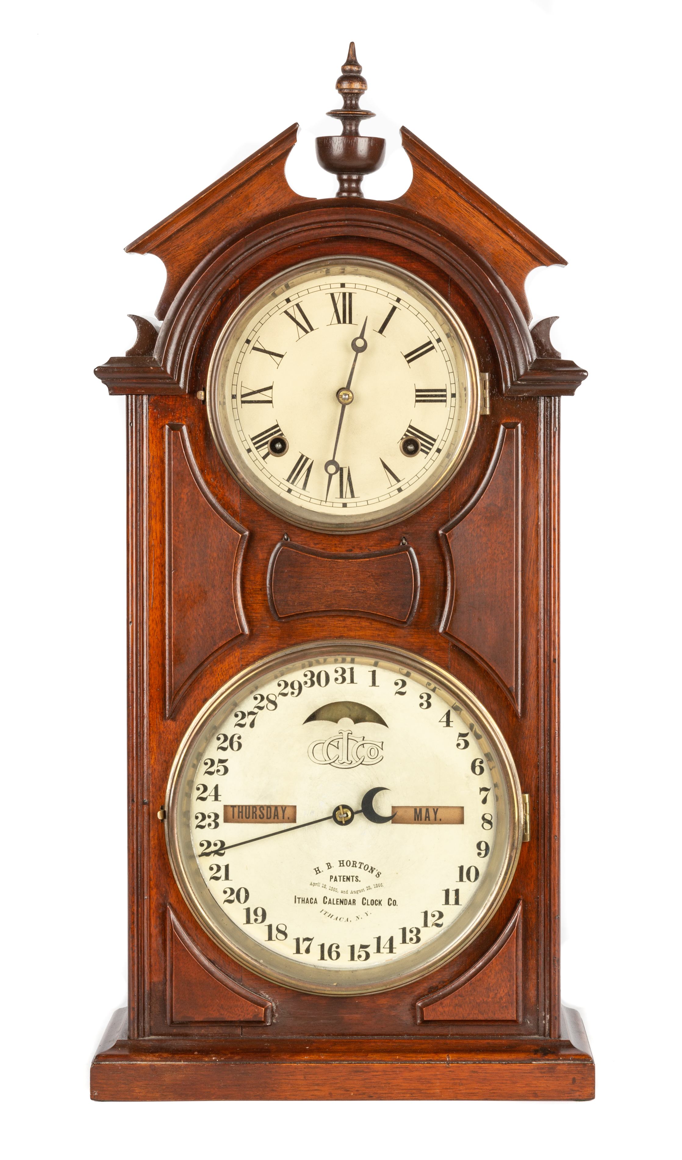 Appraisal: ITHACA CALENDAR CLOCK th century Walnut case old finish Finial