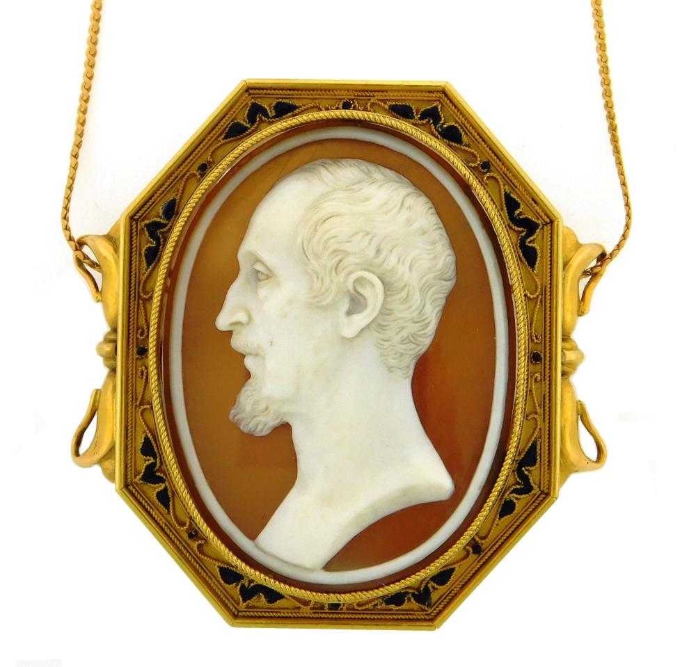 Appraisal: JEWELRY K CAMEO PIN PENDANT WITH CHAIN OCTAGONAL SHAPED FRAME