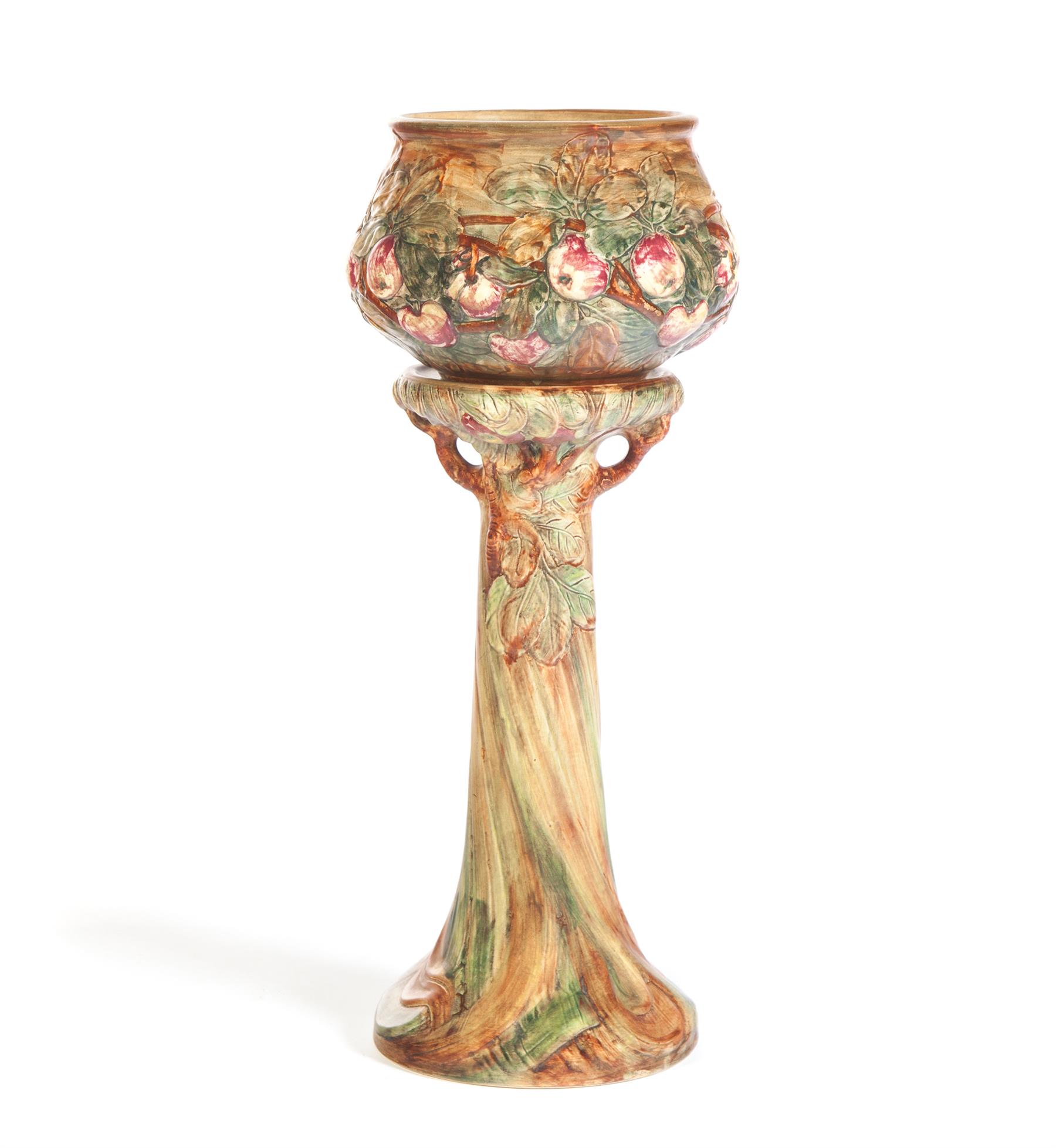 Appraisal: WELLER APPLE BLOSSOM PATTERN JARDINIERE AND BASE Ohio st half-