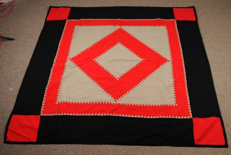 Appraisal: Antique Red White Black Quilt Description Hand stitched No stains