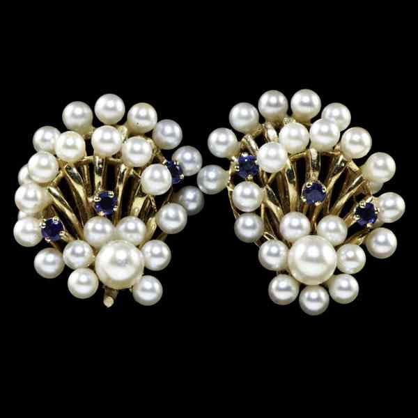 Appraisal: k Pearl and Sapphire Earrings k akoya cultured pearl and