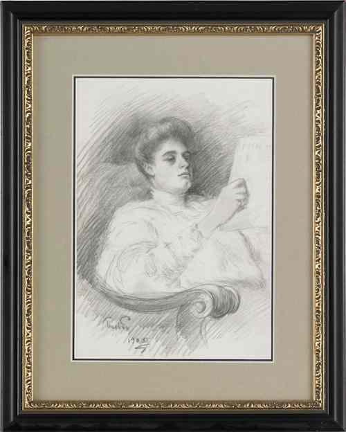 Appraisal: Contemporary pencil drawing of a woman reading a paper together