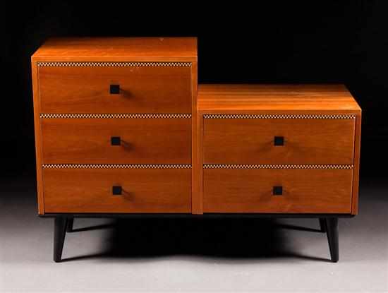 Appraisal: Contemporary inlaid cherry five-drawer chest-on-frame Bethlehem Furniture ebonized frame with