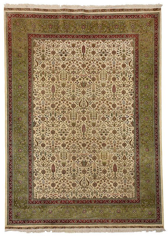 Appraisal: Silk Tabriz Carpet th century white field with leaf and