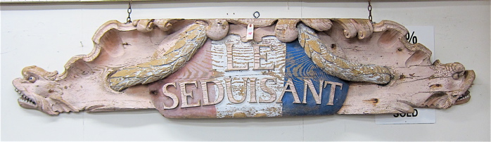 Appraisal: CARVED AND PAINTED WOOD SHIP'S STERN BOARD from the French