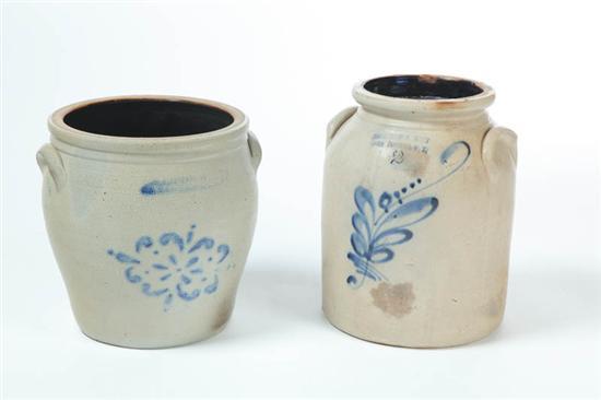 Appraisal: TWO STONEWARE CROCKS Both two gallon with applied handles F