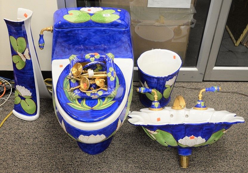 Appraisal: Custom Bathroom Set having water lily and butterfly decoration to