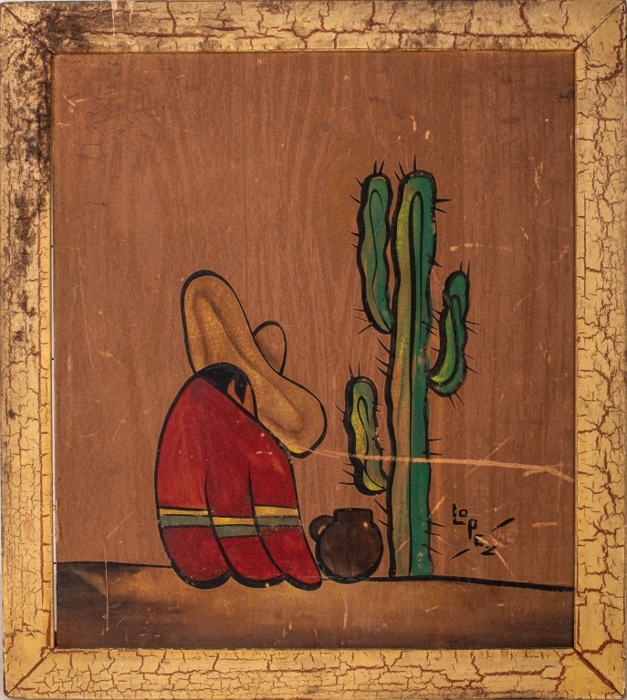 Appraisal: LOPEZ VINTAGE MEXICAN FOLK ART PANEL ON BOARD Lopez vintage