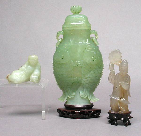 Appraisal: A group of three hardstone carvings Including a serpentine vase