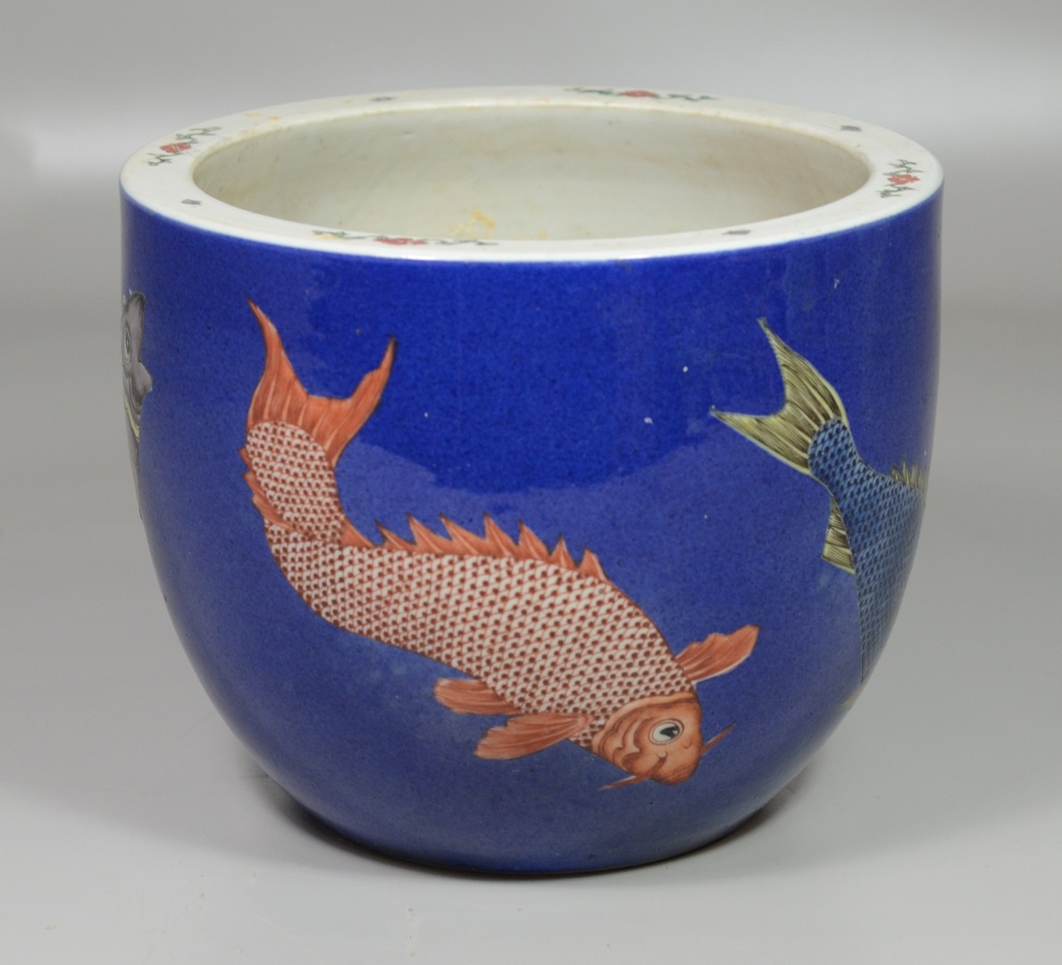 Appraisal: Deep blue Japanese porcelain fishbowl with carp decoration h -