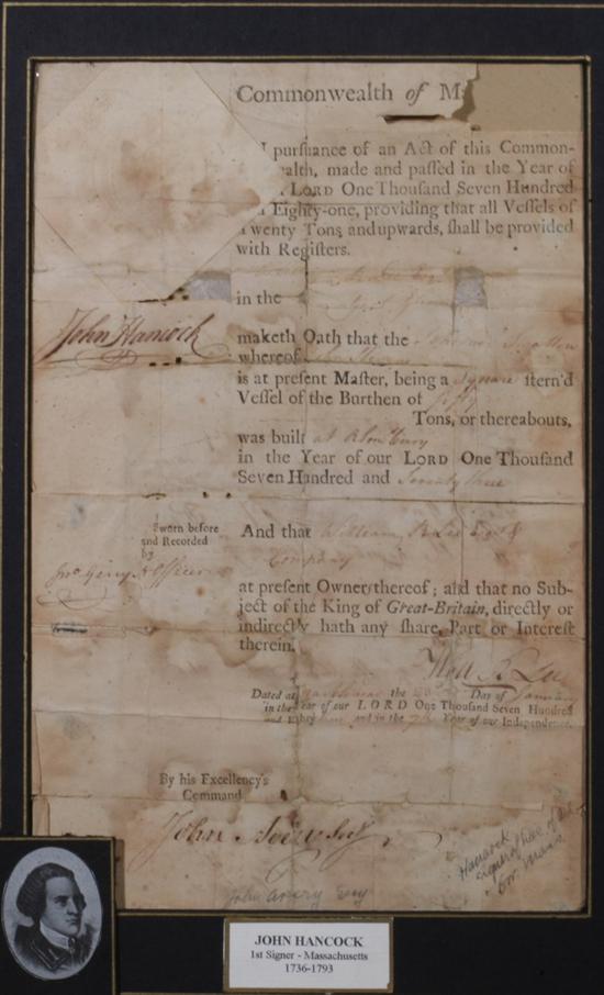 Appraisal: JOHN HANCOCK MASSACHUSETTS SIGNER OF THE DECLARATION OF INDEPENDENCE DS