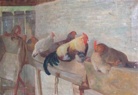 Appraisal: American School th Century Roosters in a Henhouse Estimate -