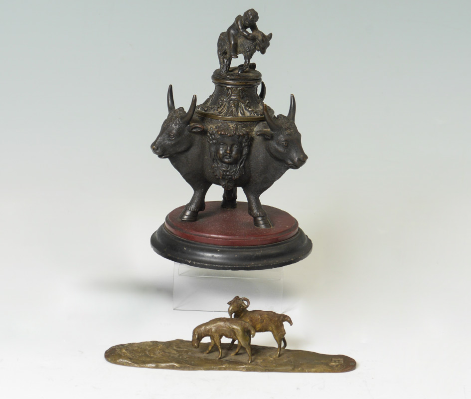 Appraisal: ESTATE LOT BRONZE FIGURAL ITEMS Bronze inkwell with ox head