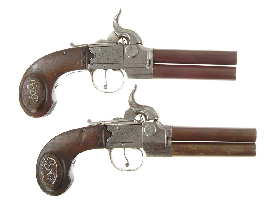 Appraisal: PAIR OF RARE TAP ACTION PERCUSSION SUPERPOSED PISTOLS NSN cal