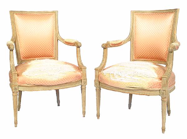 Appraisal: A pair of Louis XVI style carved beechwood fauteuil height