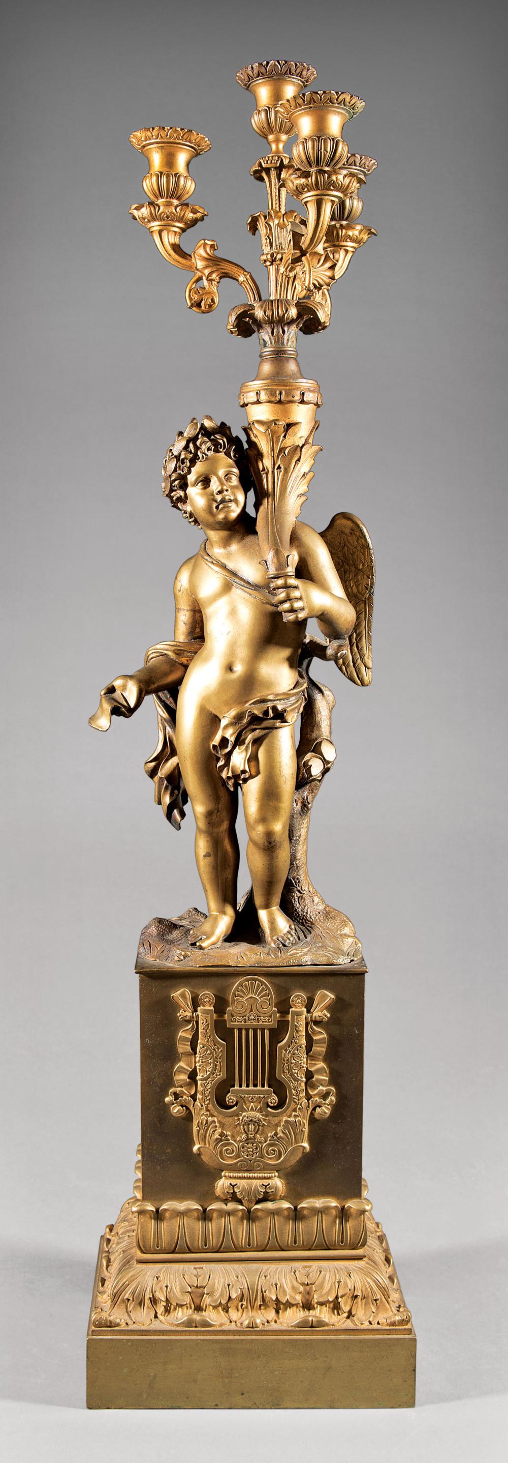 Appraisal: Louis Philippe Bronze Four-Light Figural Torchere th c winged putto