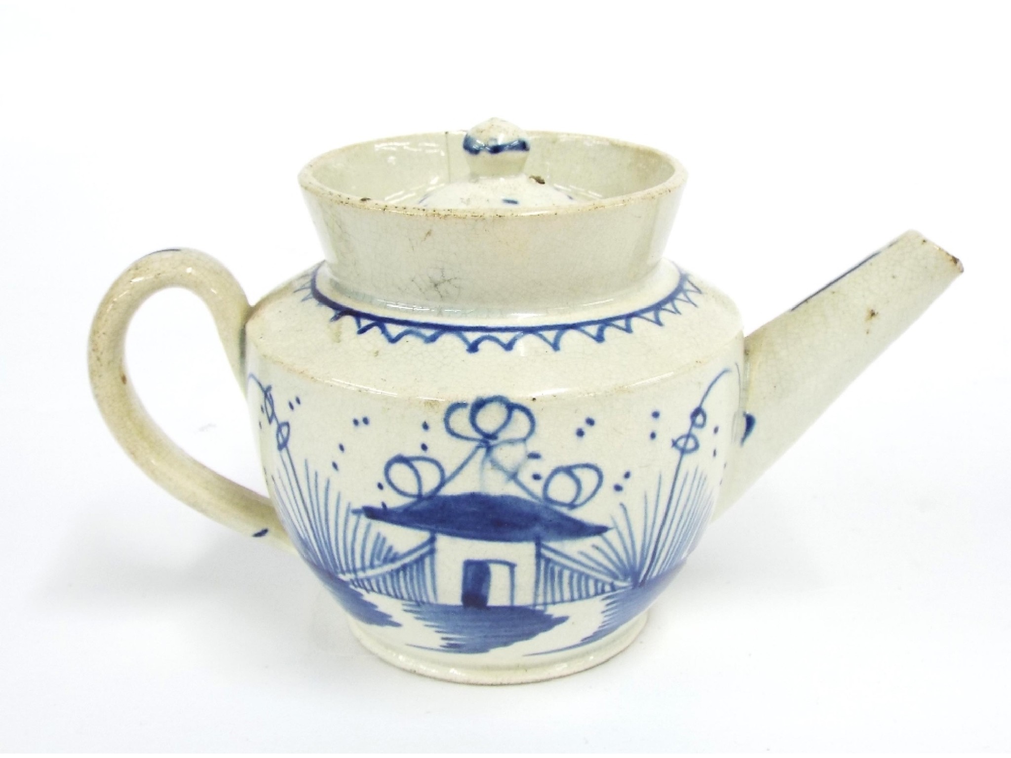 Appraisal: Early porcelain blue and white teapot possibly by Worcester decorated