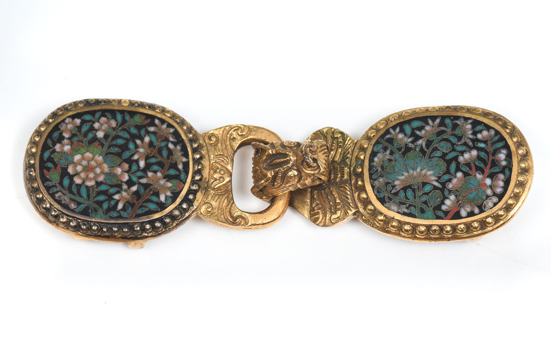 Appraisal: GILT CHINESE BELT BUCKLE WITH INSET CLOISONNE Qing dynasty Gilt