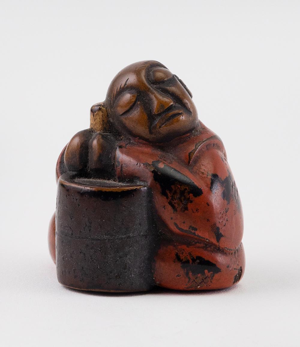 Appraisal: JAPANESE RED LACQUER AND WOOD NETSUKE MEIJI PERIOD HEIGHT JAPANESE