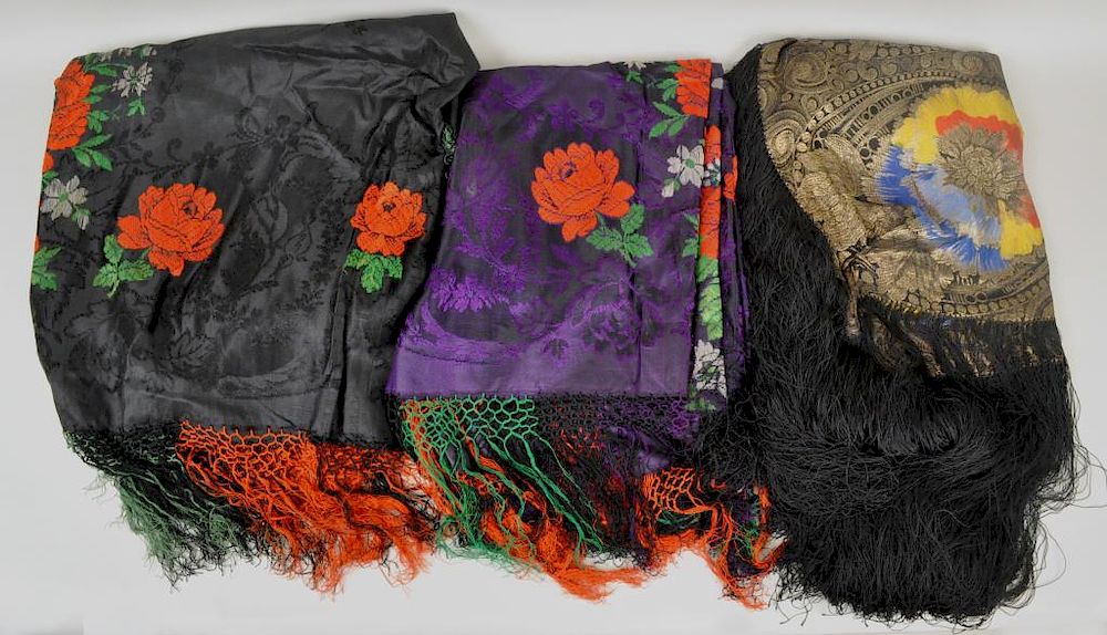 Appraisal: Three Victorian Silk Shawls comprising a metallic floral multicolored black