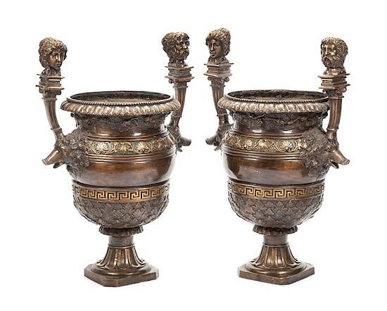 Appraisal: A Pair of Pompeian Style Patinated Bronze Urns Height inches